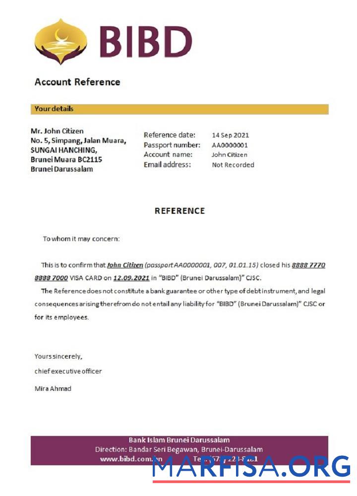 Downloadable Brunei Islam Darussalam bank closure reference real example